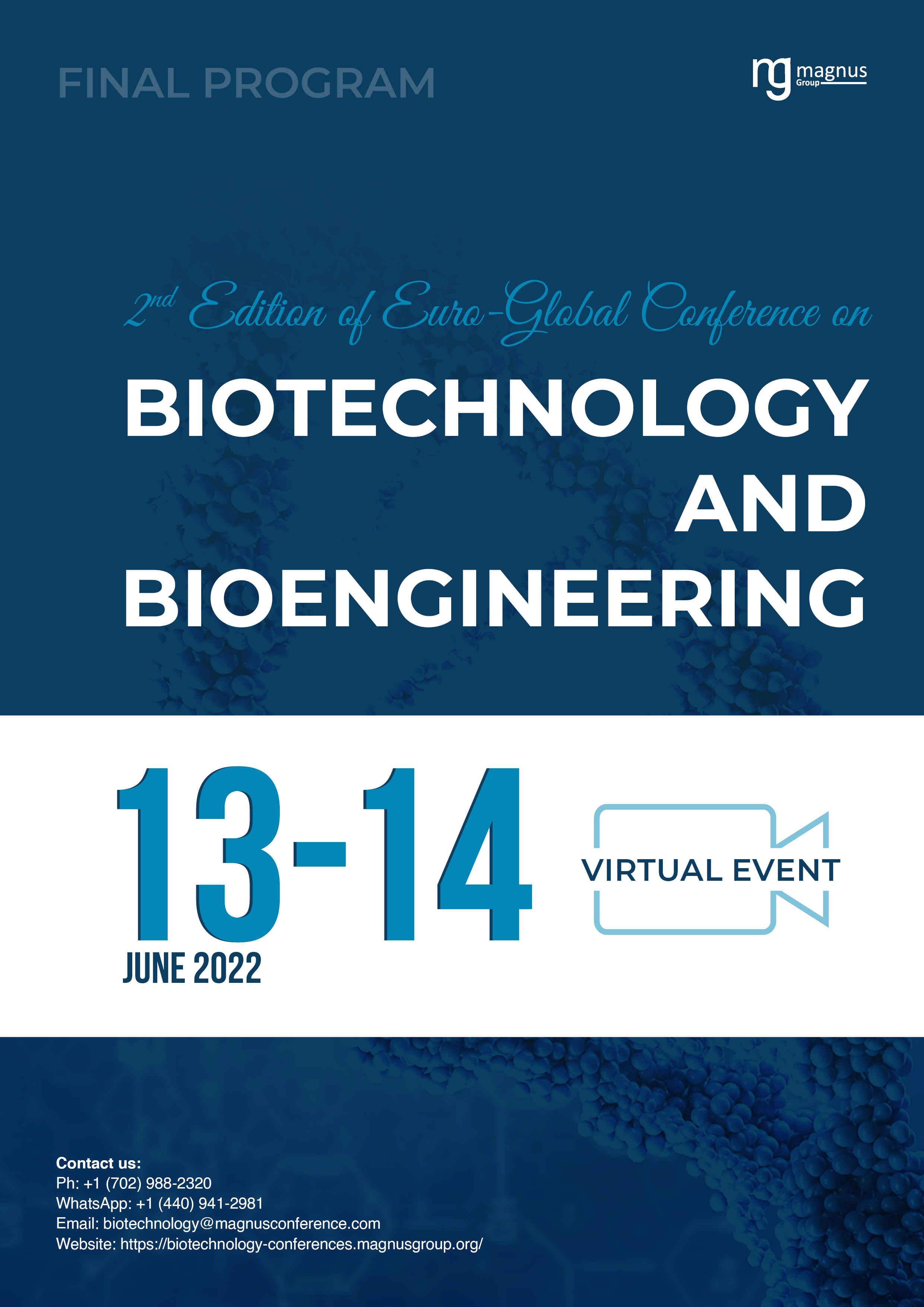 2nd Edition of Euro-Global Conference on Biotechnology and Bioengineering | Online Event Program